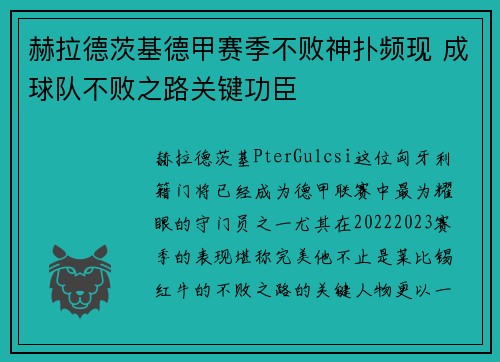 赫拉德茨基德甲赛季不败神扑频现 成球队不败之路关键功臣