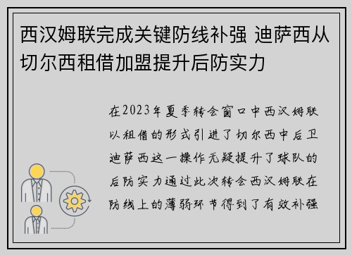 西汉姆联完成关键防线补强 迪萨西从切尔西租借加盟提升后防实力