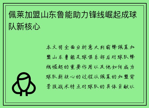 佩莱加盟山东鲁能助力锋线崛起成球队新核心