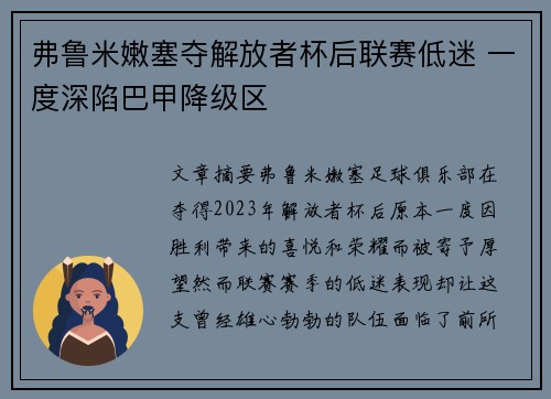 弗鲁米嫩塞夺解放者杯后联赛低迷 一度深陷巴甲降级区