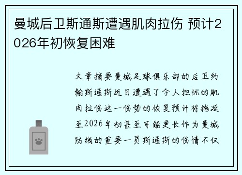 曼城后卫斯通斯遭遇肌肉拉伤 预计2026年初恢复困难